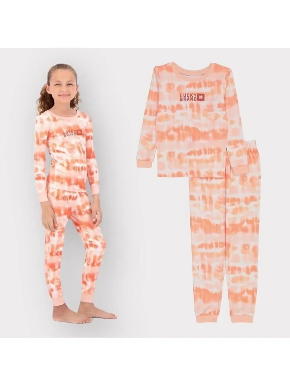 Lucky Brand NEW Long Sleeve Pajama Set Girls sz 4 NWT Coral Orange White Tie-Dye
